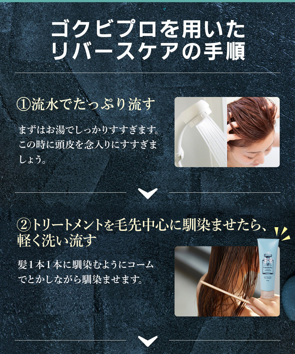 リバースケアの手順①流水でたっぷり流す②トリートメントを馴染ませ軽く洗い流す